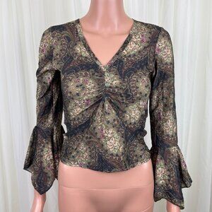 Late 90's Y2K Younique Bell Sleeves V-Neck Top Paisley Blouse Size Medium Green